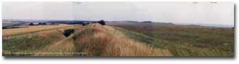 East Wansdyke on Milk Hill, looking from left to right to the Kenneth Valley across the West Woods to the Vale of Pewsey, 1996.