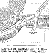 Map of the junction of East Wansdyke and the Roman Road at Morgan's Hill.